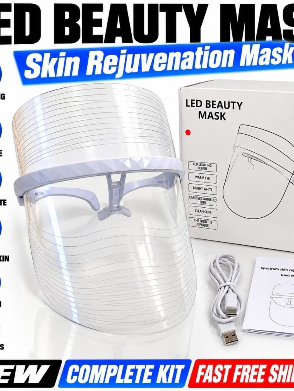 LED Light Face Mask Skin Care Beauty Device 3 Color USB Rechargeable CD-02 New